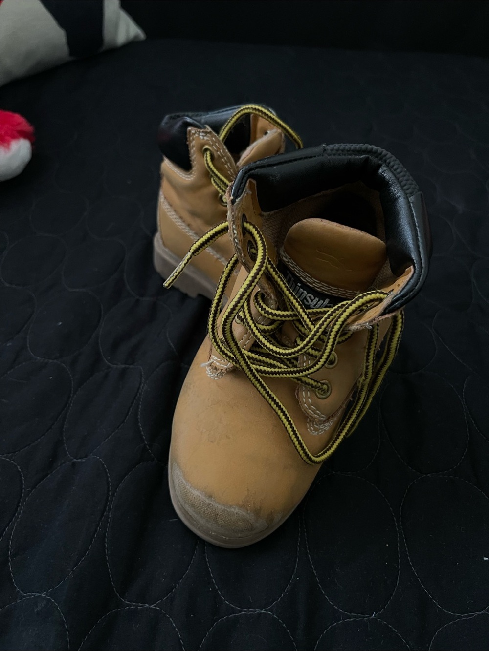 Kids Tan Work-Style Boots with Black Collar and Yellow Laces
